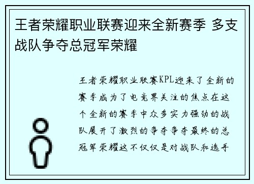 王者荣耀职业联赛迎来全新赛季 多支战队争夺总冠军荣耀